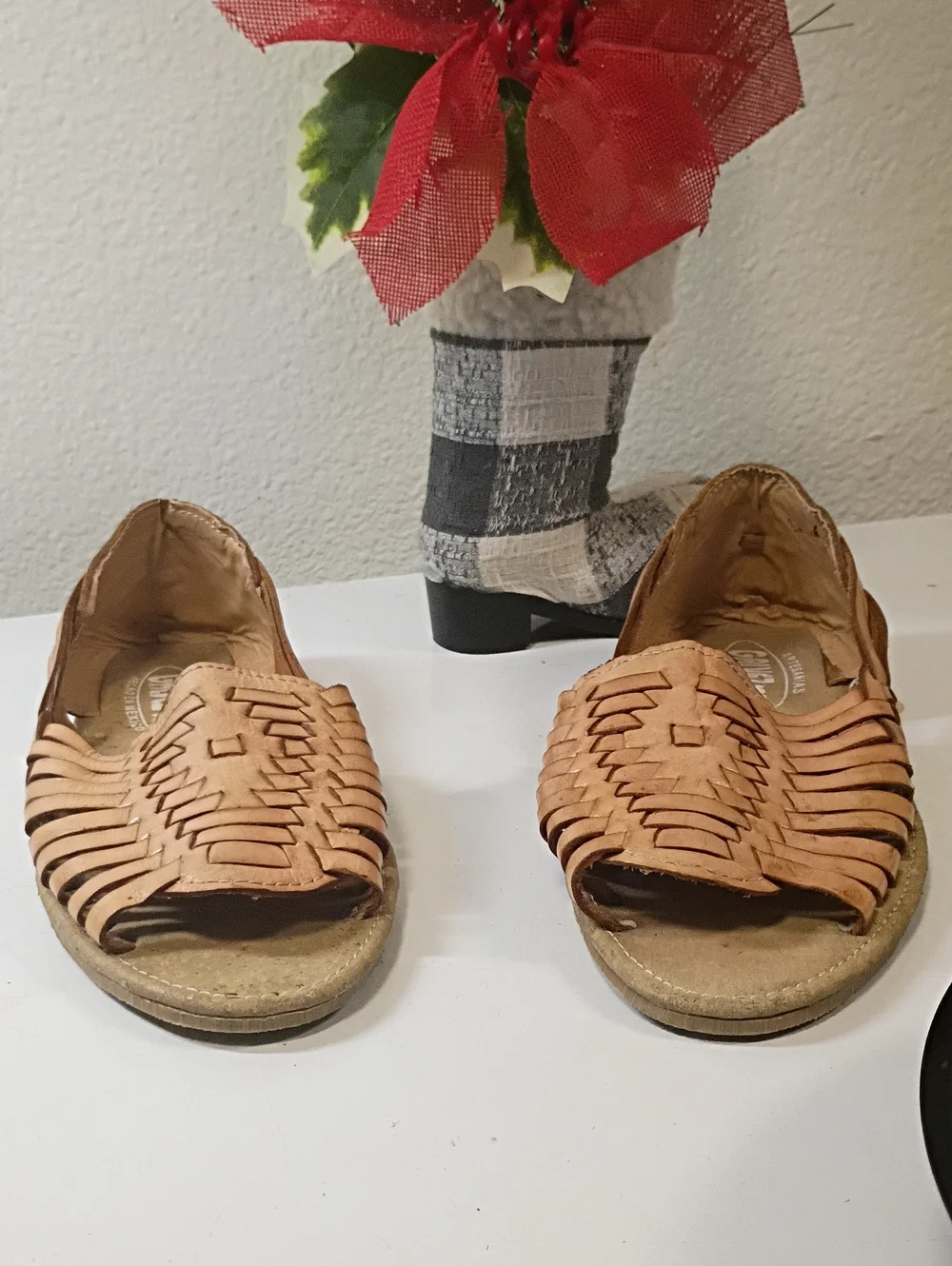 Woven Leather Open-Toe Sandals in Light Brown